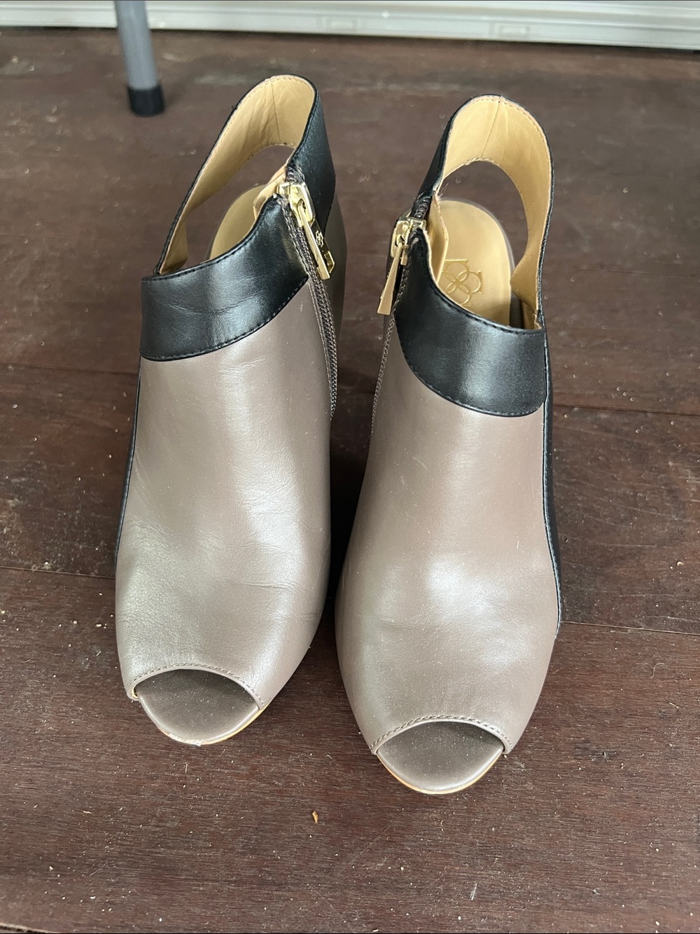 Ann Taylor Factory Taupe and Black Leather Peep-Toe Slingbacks